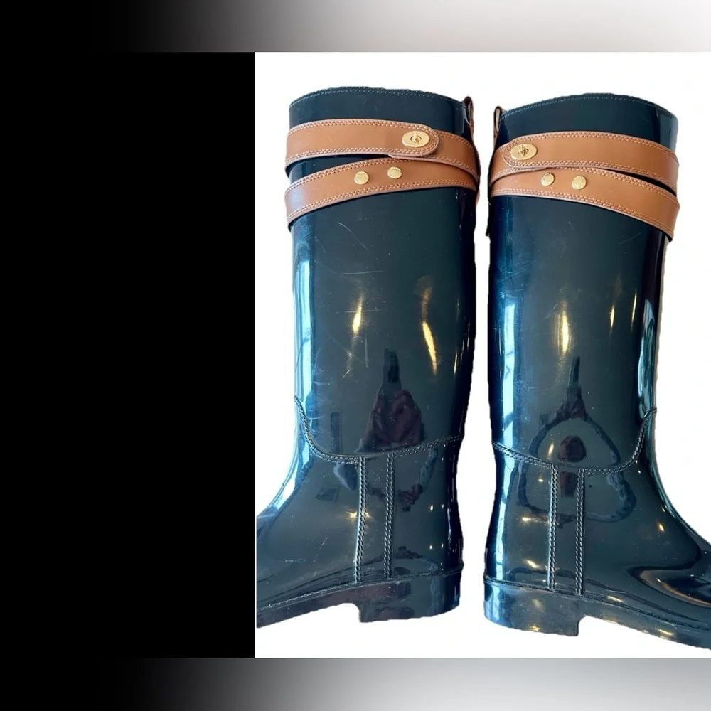 Coach Talia Knee High Rain Boots 9 Glossy Black Brown Buckle Preppy Outdoors